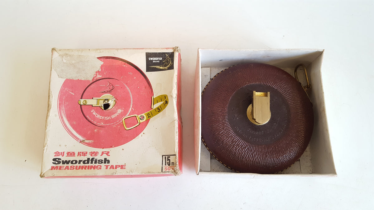 1950s Cloth Tape Measure Swordfish Brand Brown Leather Case