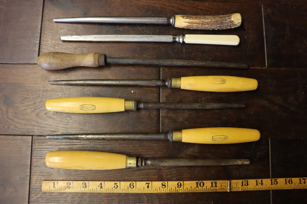 Sharpening Steels. Job lot of various grades including interesting handles Antler/Marples. 46277
