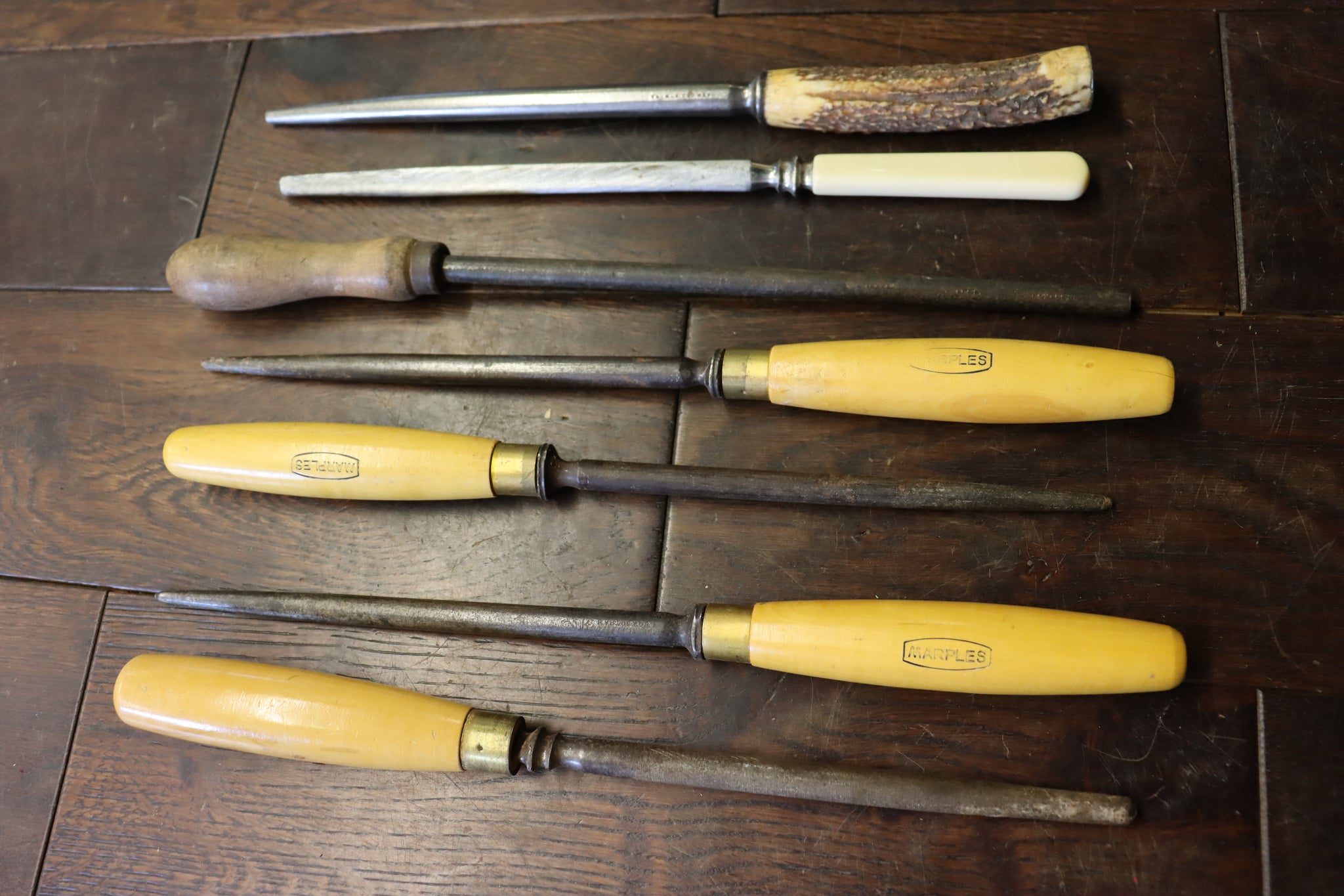 Sharpening Steels. Job lot of various grades including interesting handles Antler/Marples. 46277