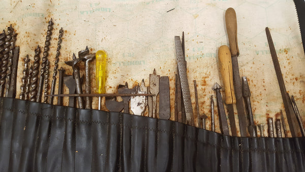 Large Job Lot of Vintage Brace Bits & Files in Leather Tool Roll 39852